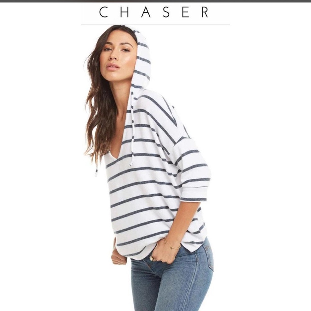 Chaser French Terry Cropped 3/4 Sleeve Pullover Hoodie Striped Blue Size M